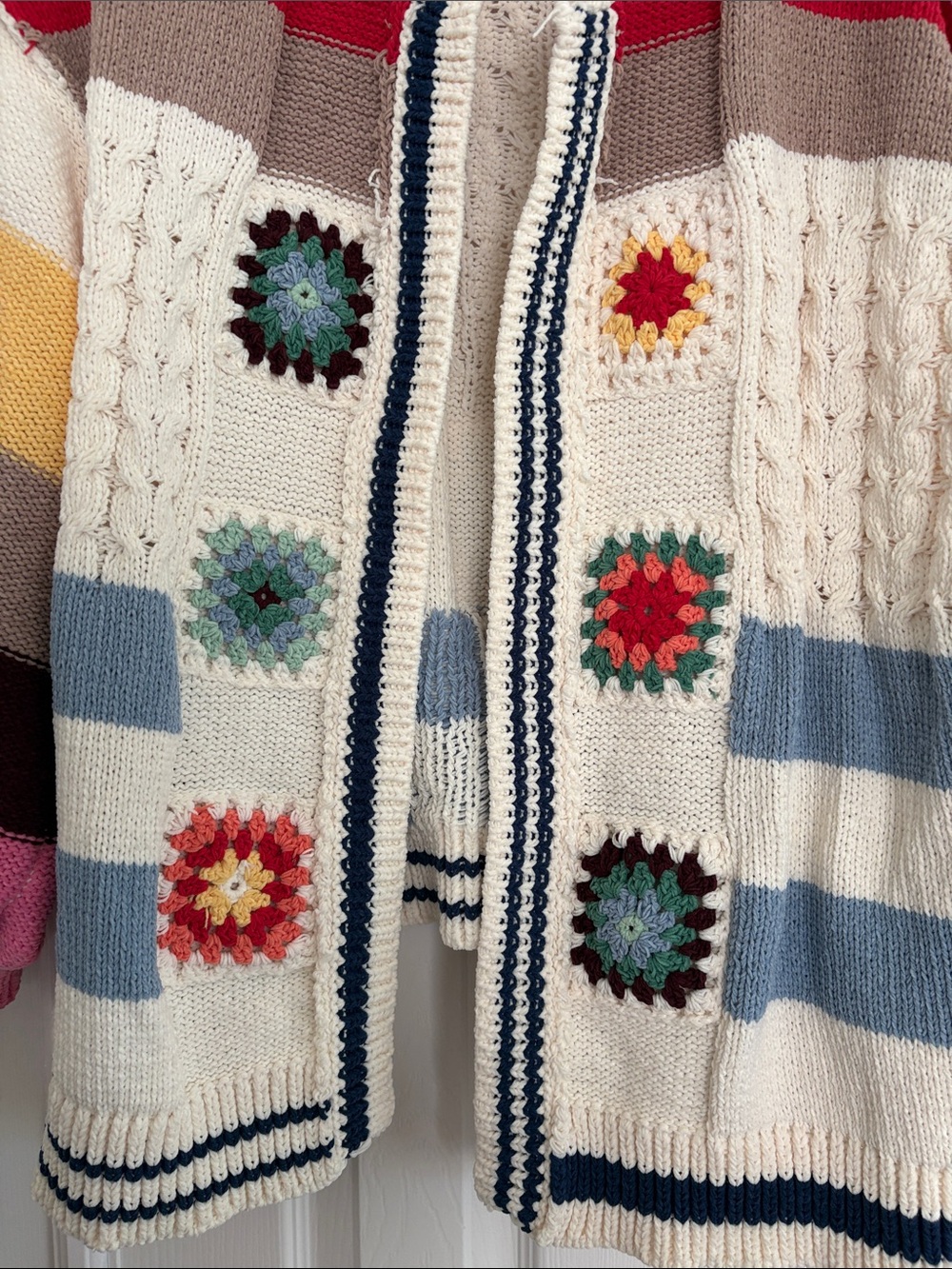POL Colorblock patchwork Crochet Knit Open Cardigan Oversized Chunky Sweater - Picture 6 of 7